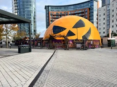 Giant illuminated pumpkin at the Gun Wharf Quays seasonal attraction